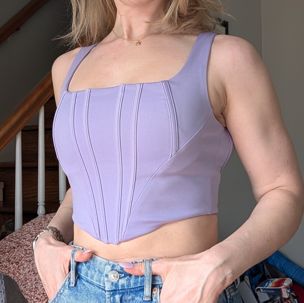 Womens Faux-Corset Lavender Sleeveless Crop Top - Size S